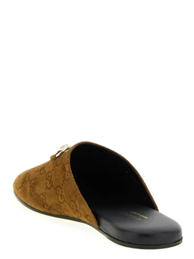 Gucci Women Brown Mule With Horsebit On The Front And All-over Gg Motif In Suede Woman In Brown