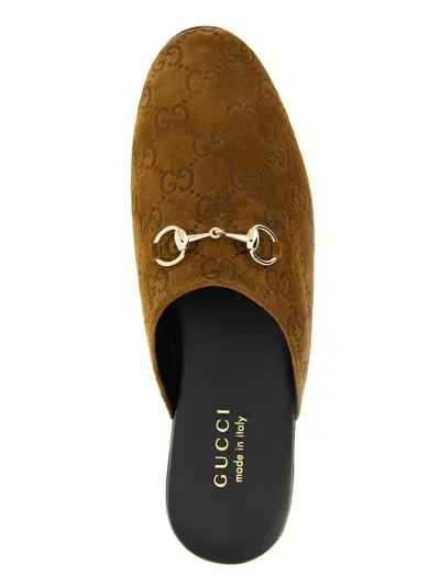 Gucci Women Brown Mule With Horsebit On The Front And All-over Gg Motif In Suede Woman In Brown