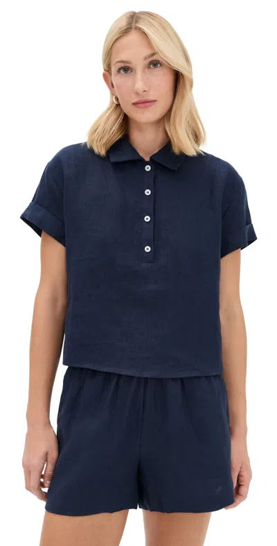 Perfectwhitetee Tabitha Linen 1/4 Button Down Collared Tee Navy In Blue