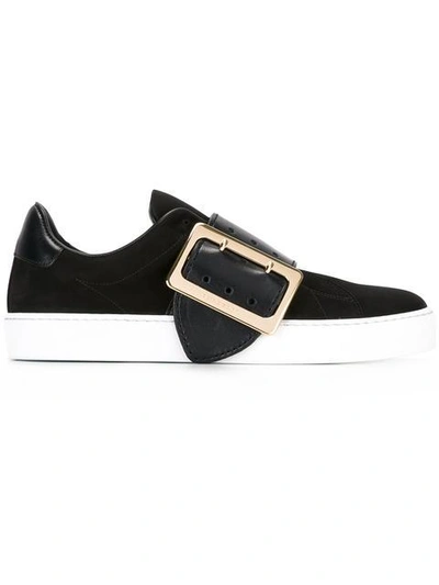 Burberry Buckle-embellished Leather-trimmed Nubuck Slip-on Sneakers In Black/navy