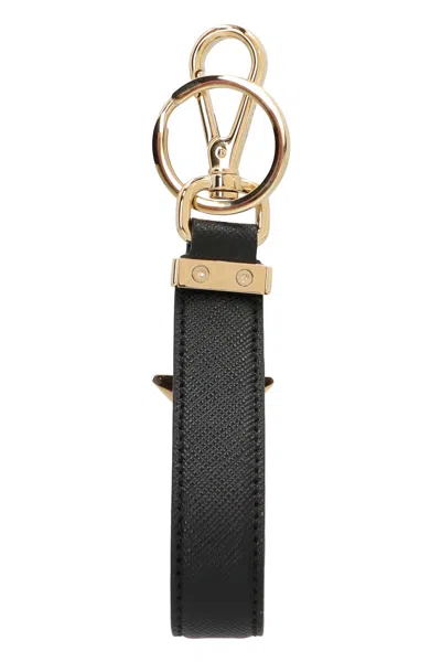 Prada Black Leather Key Ring In Gold