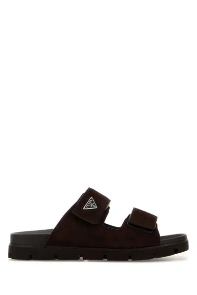 Prada Double Strap Open Toe Leather Sandals In Brown