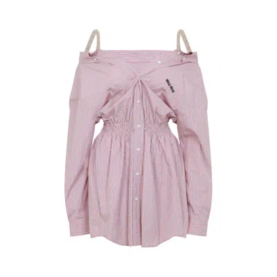 Miu Miu Elasticated Waistband Striped Shirt Mini Dress Clothing In Purple
