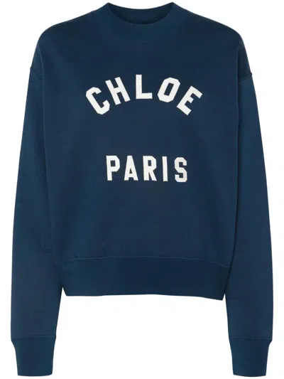 Chloé Blue Crewneck Sweatshirt With Logo Lettering Print In Cotton Woman In Blue