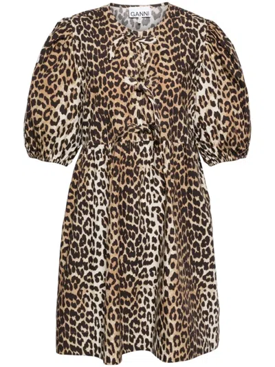 Ganni Brown Leopard Printed Cotton Tie String Minidress In Multi