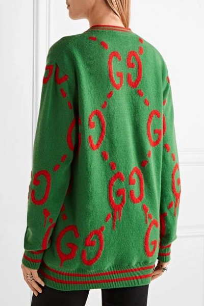 Shop Gucci Reversible Wool-jacquard And Printed Silk-twill Cardigan