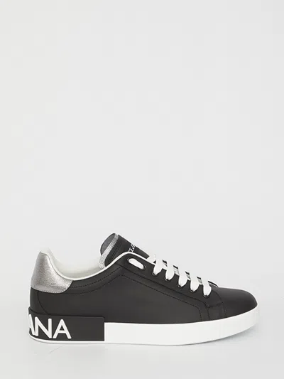 Dolce & Gabbana Portofino Sneakers In Black Leather With Silver Inserts Dolce E Gabbana In Black