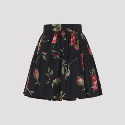 Dolce & Gabbana Mini Skirt With Rose Bouquet Print And Peplum Detail, Size 40 In Black