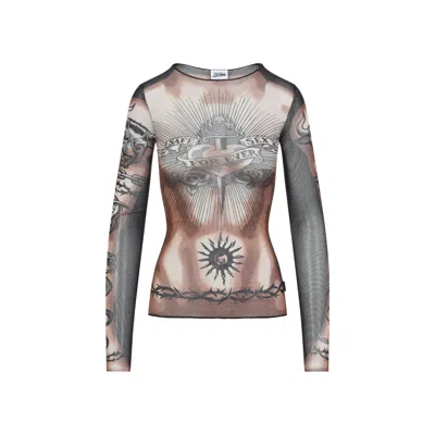Jean Paul Gaultier Tattoo-inspired Sheer Long-sleeved Top With Bold Motifs In Brown