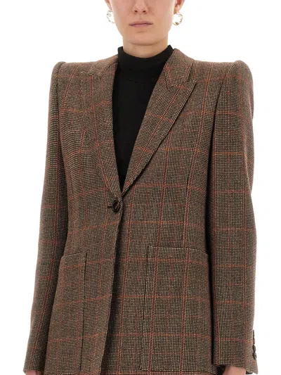Chloé Women Brown Single-breasted Jacket With Peak Revers And All-over Check Motif In Wool Woman