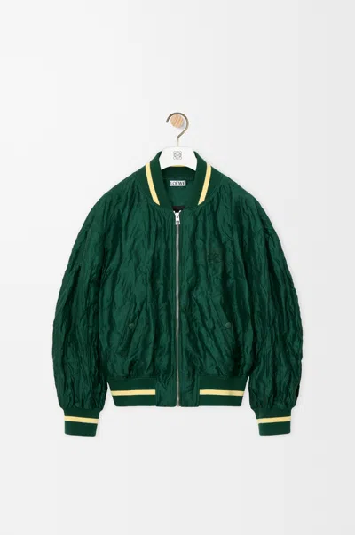 Loewe Womens Dark Green Crinkled-texture Striped-trim Woven Bomber Jacket