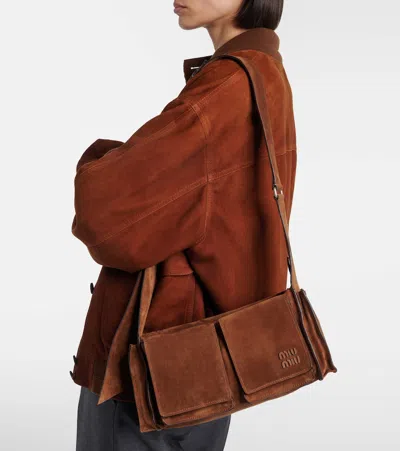 Miu Miu Suede Utilitaire Crossbody Bag Adjustable Strap In Brown