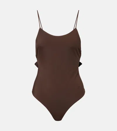 Jacquemus Cabana One Piece Swimsuit High Leg Ruffle In Brown