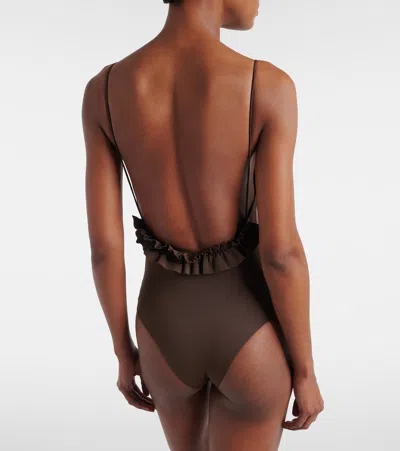 Jacquemus Cabana One Piece Swimsuit High Leg Ruffle In Brown