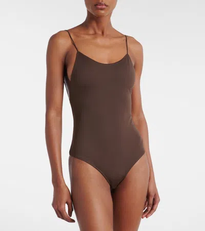 Jacquemus Cabana One Piece Swimsuit High Leg Ruffle In Brown