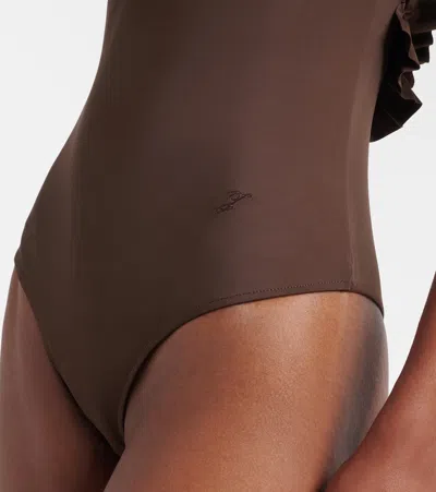 Jacquemus Cabana One Piece Swimsuit High Leg Ruffle In Brown