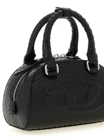 Diesel 1dr Dome-mini Bowling Bag In Snake-effect Leather In Black