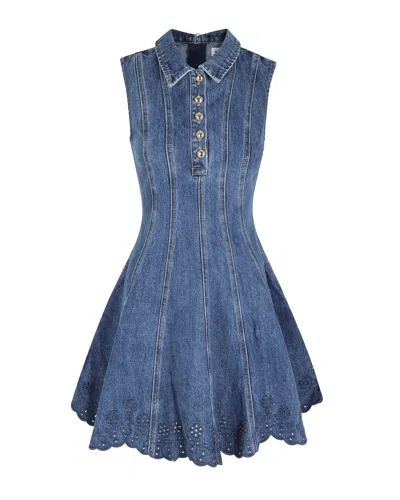 Self-portrait Paneled Broderie Anglaise Denim Mini Dress In Blue