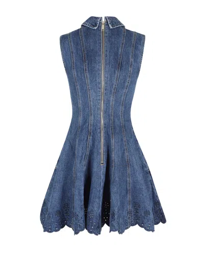 Self-portrait Paneled Broderie Anglaise Denim Mini Dress In Blue