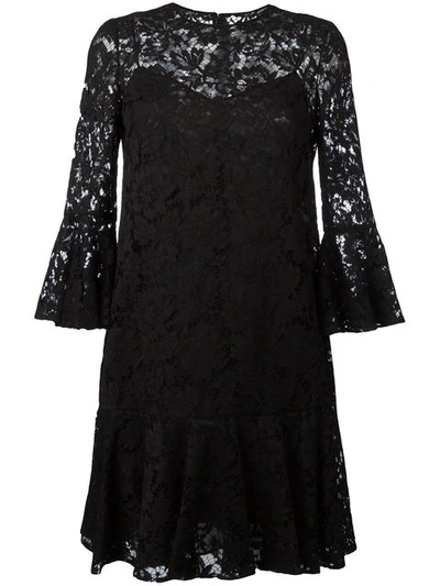 Valentino Fluted Sleeve And Hem Cotton-blend Lace Dress In Black
