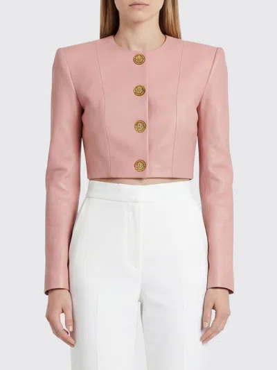 Balmain Women Long Sleeves Buttoned Lambskin Cropped Jacket In Pink