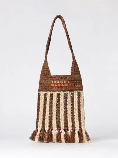 Isabel Marant Handwoven Raffia Tote Bag With Fringe And Logo Detail In Brown
