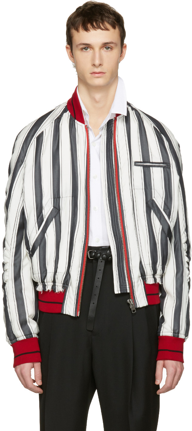 Haider Ackermann Opium Distressed Striped Silk Bomber Jacket In Black Modesens
