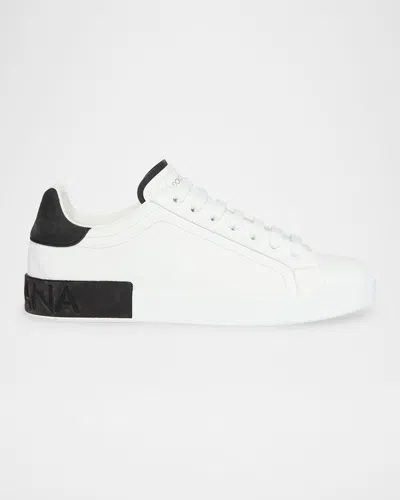 Dolce & Gabbana Men 'portofino' White Low Top Sneakers With Logo Lettering On The Rear In Leather Ma In White