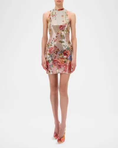 Roberto Cavalli Miami Flowers Print Sequined Mini Dress In Neutral
