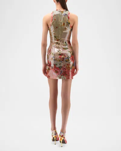 Roberto Cavalli Miami Flowers Print Sequined Mini Dress In Neutral