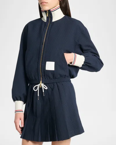 Thom Browne Seersucker Drawstring Track Jacket In Blue
