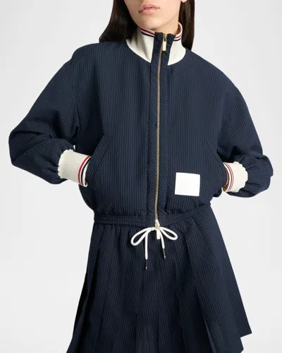 Thom Browne Seersucker Drawstring Track Jacket In Blue