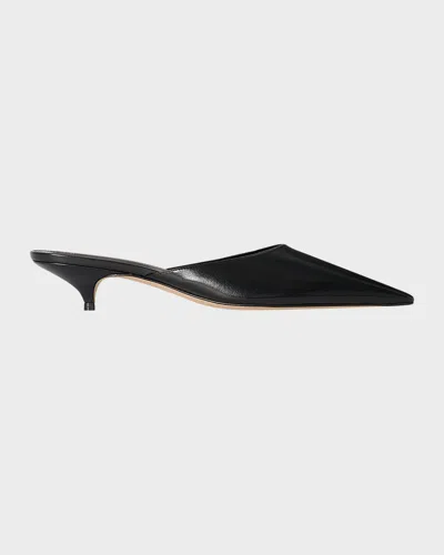 The Row Liisa Leather Kitten Heel Pointed Toe Mules In Black