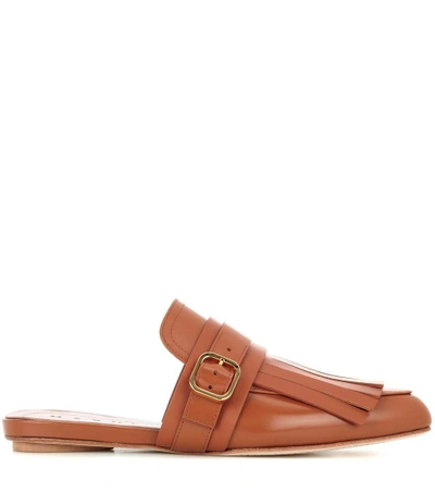 Shop Marni Fringed Leather Slippers In Marroe