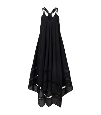 Allsaints Womens Lil Embroidered-trim Asymmetric-hem Cotton Maxi Dress Black In Black