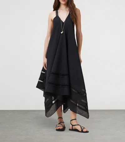 Allsaints Womens Lil Embroidered-trim Asymmetric-hem Cotton Maxi Dress Black In Black