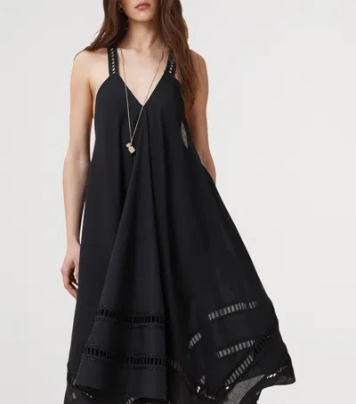 Allsaints Womens Lil Embroidered-trim Asymmetric-hem Cotton Maxi Dress Black In Black