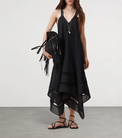 Allsaints Womens Lil Embroidered-trim Asymmetric-hem Cotton Maxi Dress Black In Black