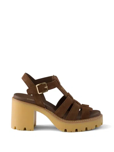 Prada High-heeled Suede Platform Sandals In Brown