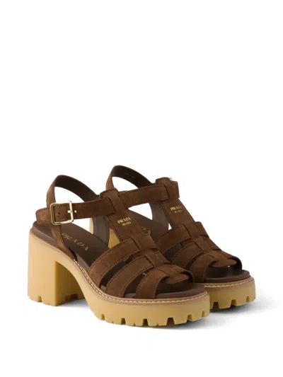 Prada High-heeled Suede Platform Sandals In Brown