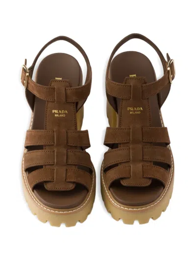 Prada High-heeled Suede Platform Sandals In Brown