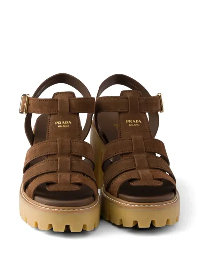 Prada High-heeled Suede Platform Sandals In Brown