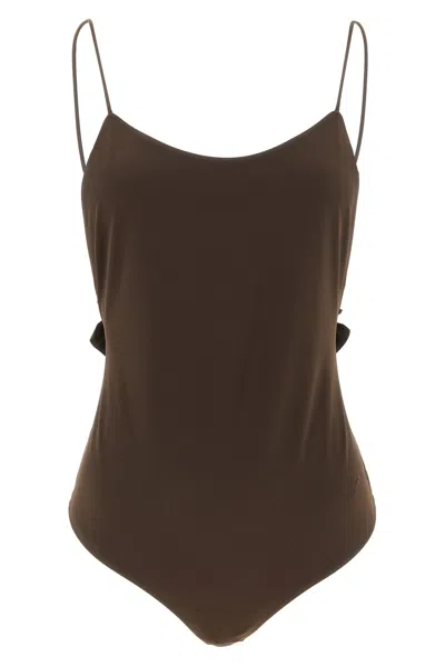 Jacquemus Cabana One Piece Swimsuit High Leg Ruffle In Brown