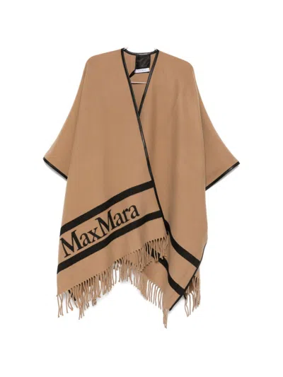 Max Mara Fringed Leather-trimmed Wool-jacquard Cape In Neutral