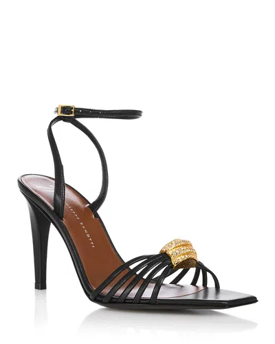Giuseppe Zanotti Sunset Glow Rhinestone Brooch Strappy Leather Sandals In Black