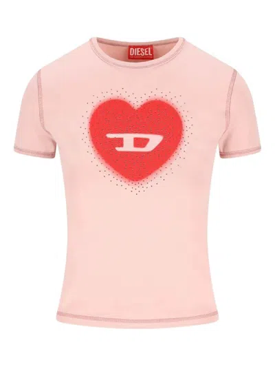 Diesel Women Pink Crew Neck T-shirt With Front Print And Beaded Details In Cotton Woman In Gold