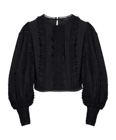 Allsaints Hart Lace Embroidered Bishop Sleeve Top In Black