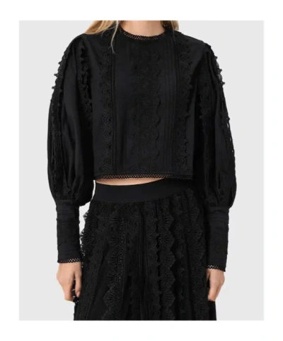 Allsaints Hart Lace Embroidered Bishop Sleeve Top In Black
