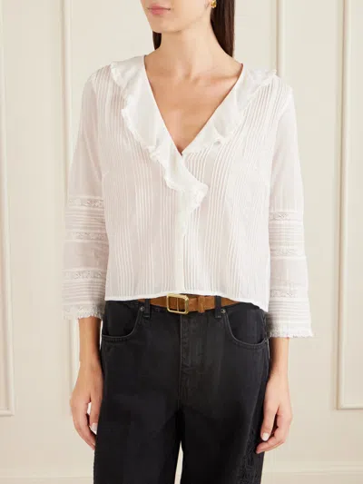 Doen Huguette Ruffled Pleated Lace-trimmed Organic Cotton Blouse In White