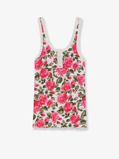 Chloé Cotton Henley Tank Top With All-over Floral Pattern In Red